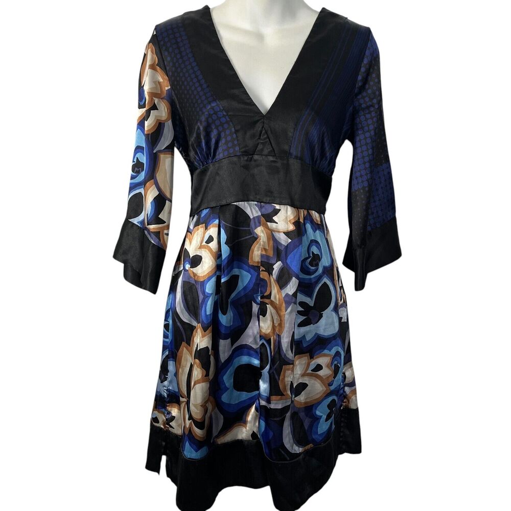 Mixit Y2K Womens Satin Shiny V-Neck 3/4 Sleeve Flare Sleeve Babydoll Dress sz S